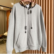 Burberry Check Hood Cotton Zip Hoodie Gray