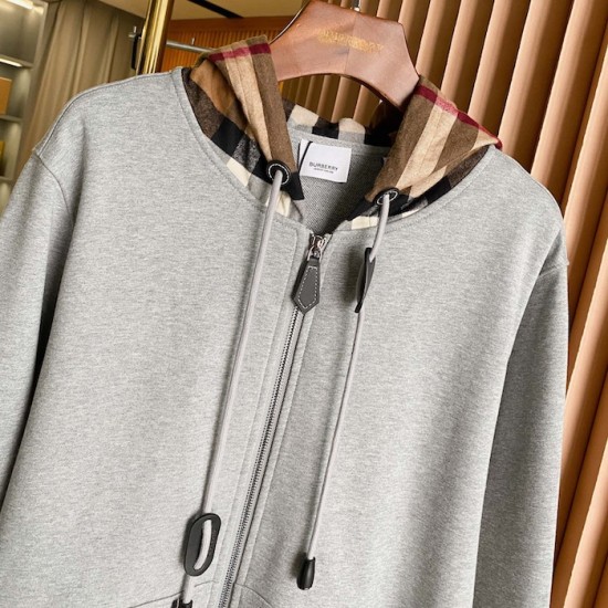 Burberry Check Hood Cotton Zip Hoodie Gray