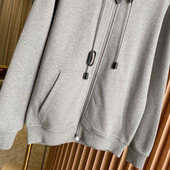 Burberry Check Hood Cotton Zip Hoodie Gray