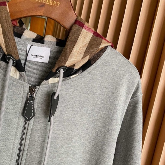 Burberry Check Hood Cotton Zip Hoodie Gray