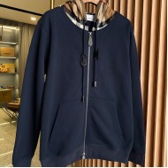 Burberry Check Hood Cotton Zip Hoodie Navy