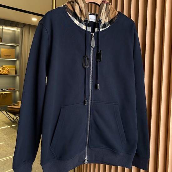 Burberry Check Hood Cotton Zip Hoodie Navy