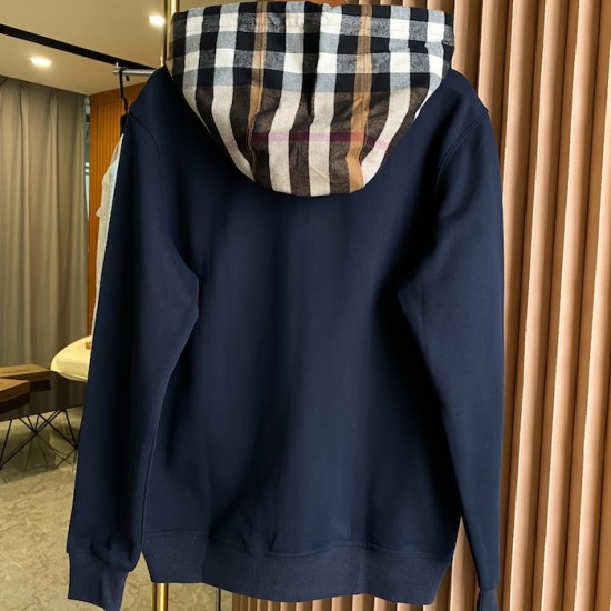 Burberry Check Hood Cotton Zip Hoodie Navy