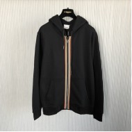 Burberry Icon Stripe Detail Cotton Zip-Front Hooded Sweatshirt Black