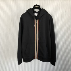 Burberry Icon Stripe Detail Cotton Zip-Front Hooded Sweatshirt Black