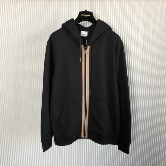 Burberry Icon Stripe Detail Cotton Zip-Front Hooded Sweatshirt Black