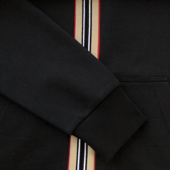 Burberry Icon Stripe Detail Cotton Zip-Front Hooded Sweatshirt Black