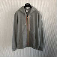 Burberry Icon Stripe Detail Cotton Zip-Front Hooded Sweatshirt Gray