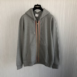 Burberry Icon Stripe Detail Cotton Zip-Front Hooded Sweatshirt Gray