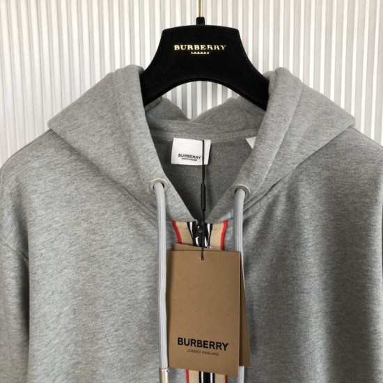 Burberry Icon Stripe Detail Cotton Zip-Front Hooded Sweatshirt Gray