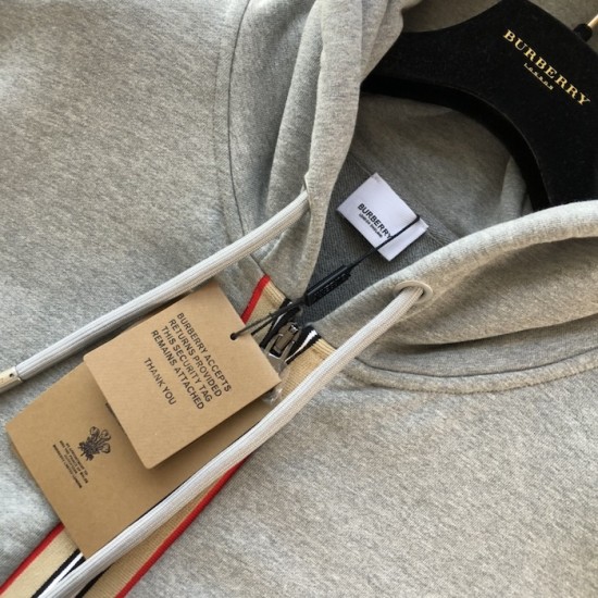 Burberry Icon Stripe Detail Cotton Zip-Front Hooded Sweatshirt Gray