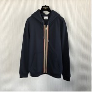 Burberry Icon Stripe Detail Cotton Zip-Front Hooded Sweatshirt Navy