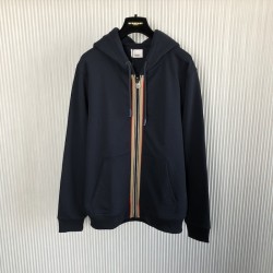 Burberry Icon Stripe Detail Cotton Zip-Front Hooded Sweatshirt Navy