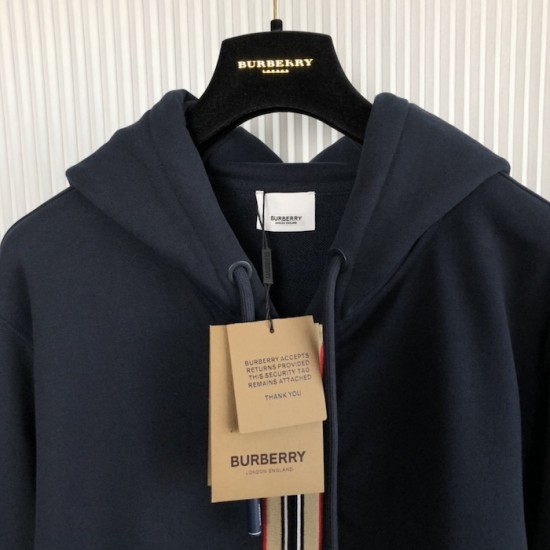 Burberry Icon Stripe Detail Cotton Zip-Front Hooded Sweatshirt Navy