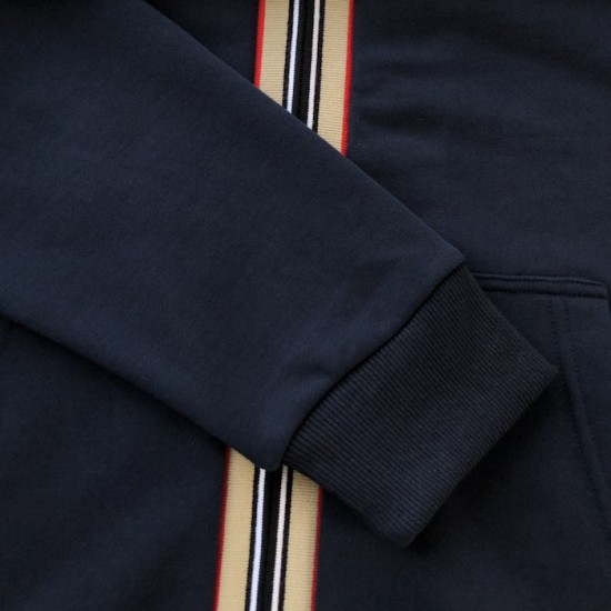 Burberry Icon Stripe Detail Cotton Zip-Front Hooded Sweatshirt Navy