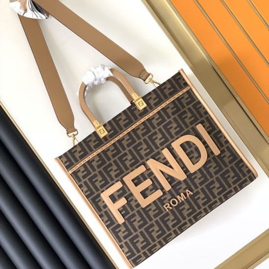 Replica Fendi Sunshine Medium Brown FF jacquard fabric bag