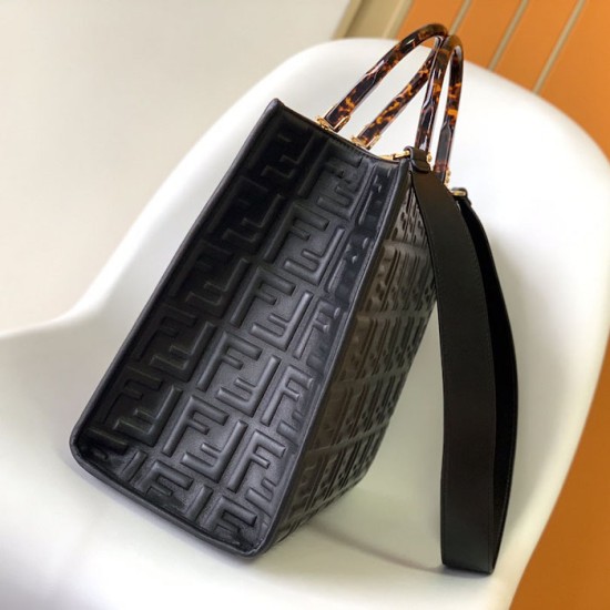 Replica Fendi Sunshine Medium Black FF Zucca Leather Shopper