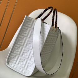 Replica Fendi Sunshine Medium White FF Zucca Leather Shopper