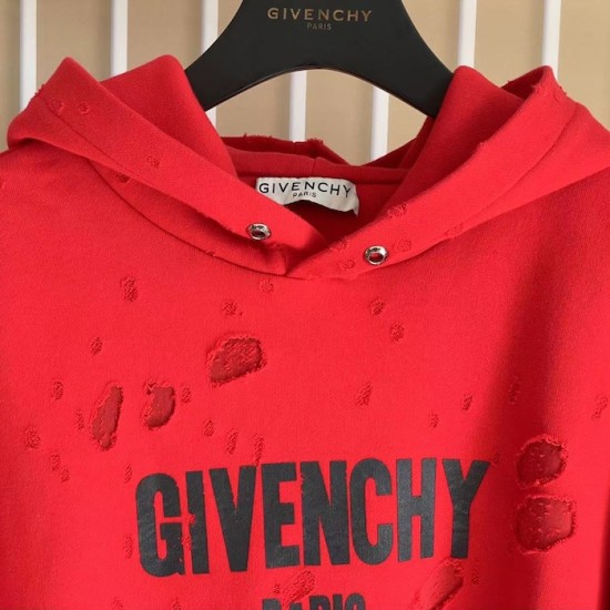 Givenchy Paris Distressed Oversized Hoodie Red