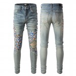 Amiri Paint Print Distressed Skinny Jeans Clay Indigo