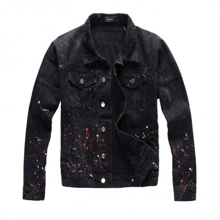 Amiri Striped Paint-splattered Denim Jacket Black