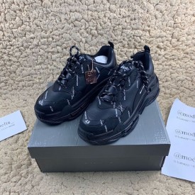 Balenciaga Triple S Logo Print Leather Sneakers Black