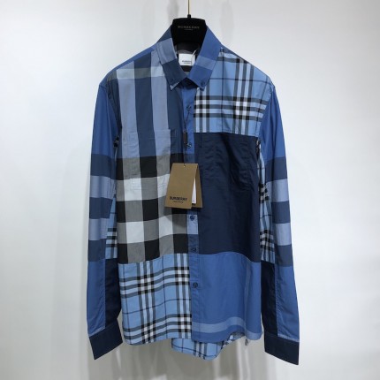 BUR Patchwork Check Cotton Shirt Blue