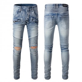 Balmain Slim cut ridged cotton jeans with Balmain monogram hem Indigo