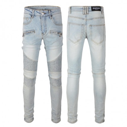 Balmain Slim cut ridged cotton jeans with Balmain monogram hem light blue