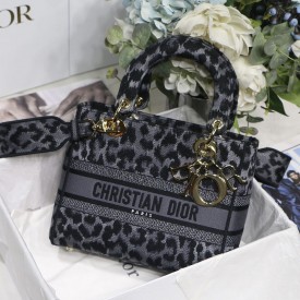 Dior Medium Lady D-Lite Bag Gray Leopard Mizza Embroidery