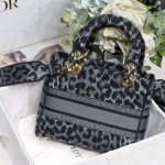 Dior Medium Lady D-Lite Bag Gray Leopard Mizza Embroidery