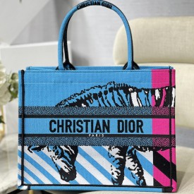 Medium Dior Book Tote Bright Blue and Pink D-Jungle Pop Embroidery