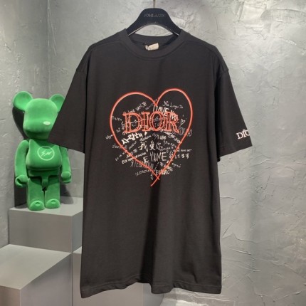 Dior T-Shirt Ecru Linen and Cotton with Dioramour Graffiti Motif Black