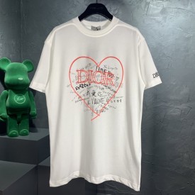 Dior T-Shirt Ecru Linen and Cotton with Dioramour Graffiti Motif White