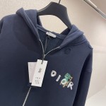 DIOR AND OTANI WORKSHOP Zipped Hooded Sweatshirt Navy Blue Organic Cotton Fleece