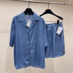 Dior Oblique Short-Sleeved Shirt Blue Silk and Cotton Jacquard Set