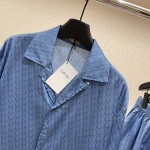 Dior Oblique Short-Sleeved Shirt Blue Silk and Cotton Jacquard Set