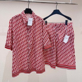 Dior Oblique Short-Sleeved Shirt Red and White Silk Twill Set