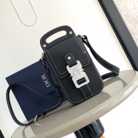 Dior Saddle Vertical Pouch with Strap Black Grained Calfskin