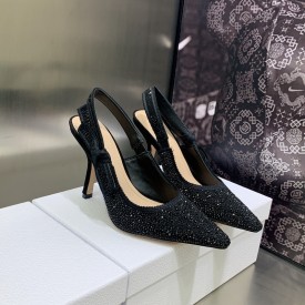 J'Adior Slingback Pump Black Cotton Embroidered with Strass