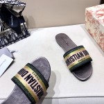 Dior Dway Slide Multicolor Embroidered Cotton Green / Gold