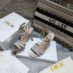 Dior Gem Heeled Sandal Cotton Embroidered with Silver-Tone