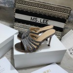 Dior Gem Heeled Slide Grey Cotton Embroidered with Metallic Thread and Square Strass