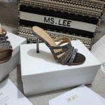 Dior Gem Heeled Slide Grey Cotton Embroidered with Metallic Thread and Square Strass