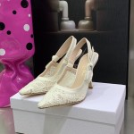 Dior J'Adior Slingback Pump White Macramé Embroidered Cotton