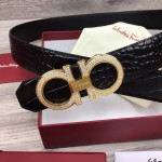 Ferragamo adjustable Gancini belt black croc skin / gold diamond buckle