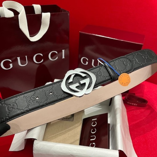 Gucci GG Interlocking Square Buckle Guccissima Leather Belt Black