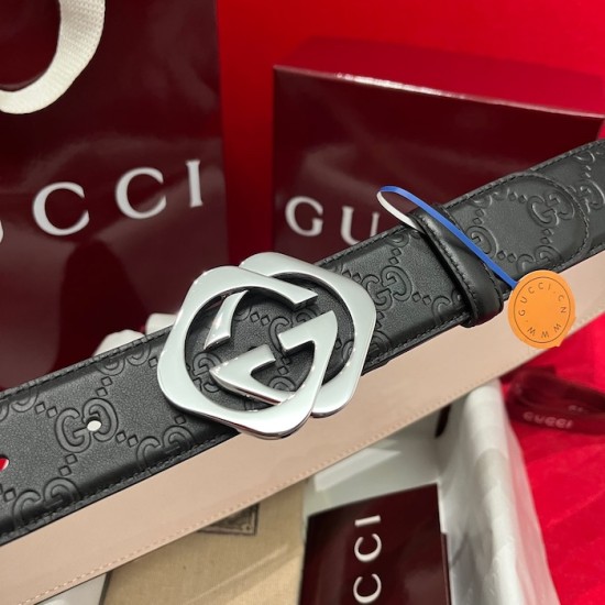 Gucci GG Interlocking Square Buckle Guccissima Leather Belt Black