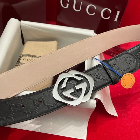 Gucci GG Interlocking Square Buckle Guccissima Leather Belt Black