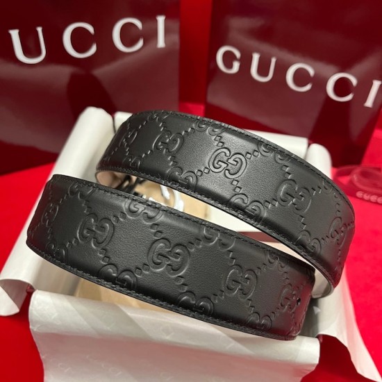 Gucci GG Interlocking Square Buckle Guccissima Leather Belt Black